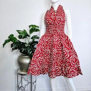 Women Smocked Midi Sundress with Head Scarf - Red & White